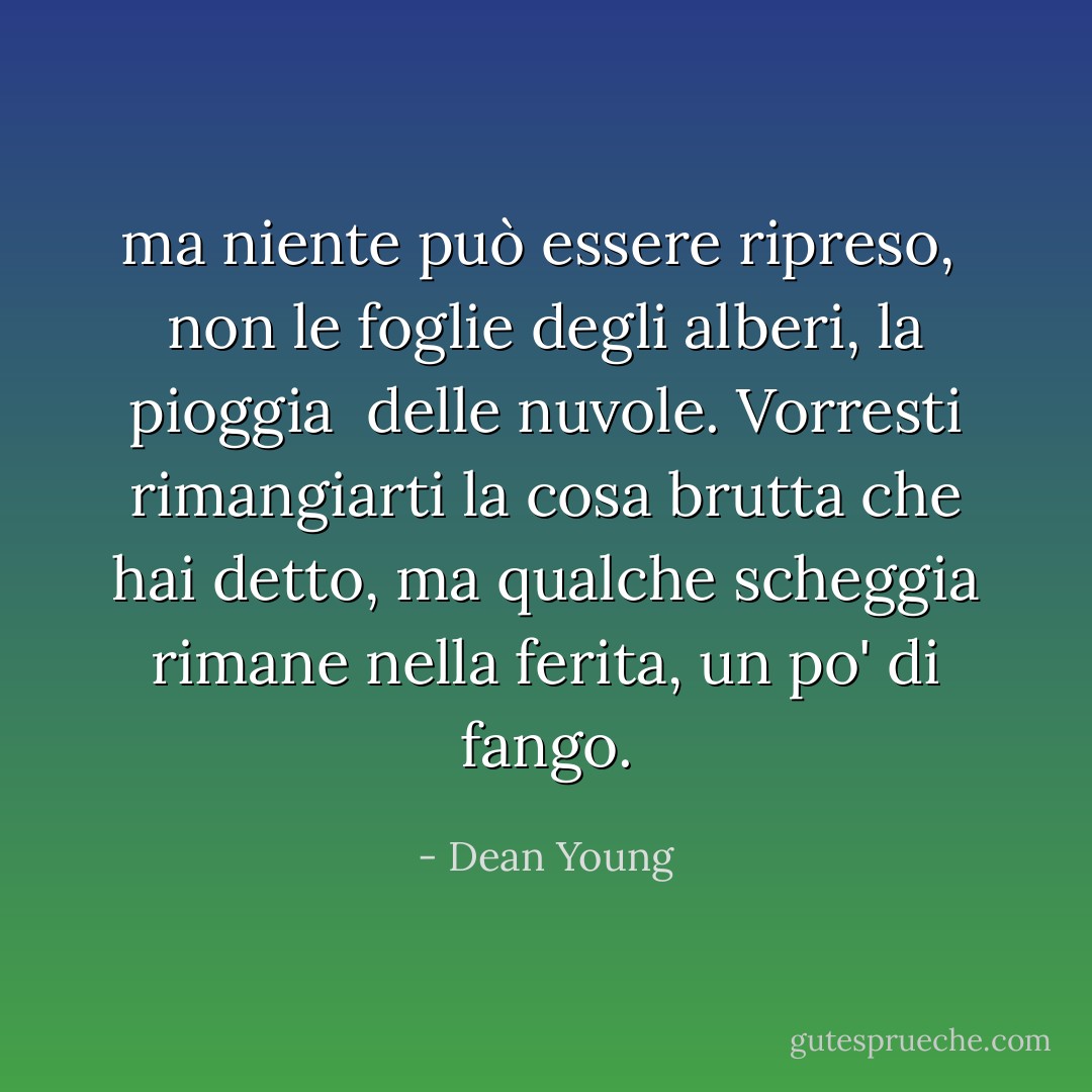 ma niente può essere ripreso, <br />non le foglie degli alberi, la pioggia<br /> delle nuvole. Vorresti rimangiarti<br />la cosa brutta che hai detto, ma qualche scheggia<br />rimane nella ferita, un po' di fango. - Dean Young