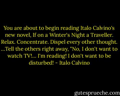 You are about to begin reading Italo Calvino's new novel, If on a Winter's Night a Traveller. Relax. Concentrate. Dispel every other thought. …Tell the others right away, "No, I don't want to watch TV!… I'm reading! I don't want to be disturbed! - Italo Calvino