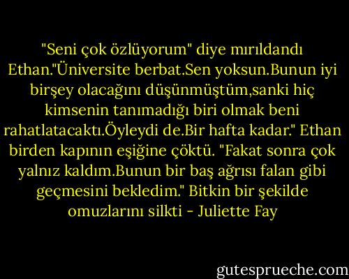 ‎"Seni çok özlüyorum" diye mırıldandı Ethan."Üniversite berbat.Sen yoksun.Bunun iyi birşey olacağını düşünmüştüm,sanki hiç kimsenin tanımadığı biri olmak beni rahatlatacaktı.Öyleydi de.Bir hafta kadar." Ethan birden kapının eşiğine çöktü. "Fakat sonra çok yalnız kaldım.Bunun bir baş ağrısı falan gibi geçmesini bekledim." Bitkin bir şekilde omuzlarını silkti - Juliette Fay