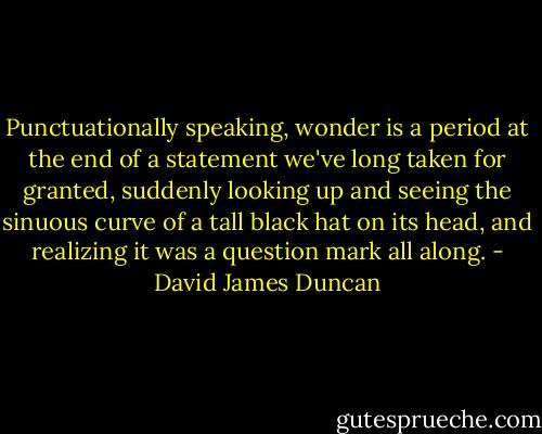 Punctuationally speaking, wonder is a period at the end of a statement we've long taken for granted, suddenly looking up and seeing the sinuous curve of a tall black hat on its head, and realizing it was a question mark all along. - David James Duncan