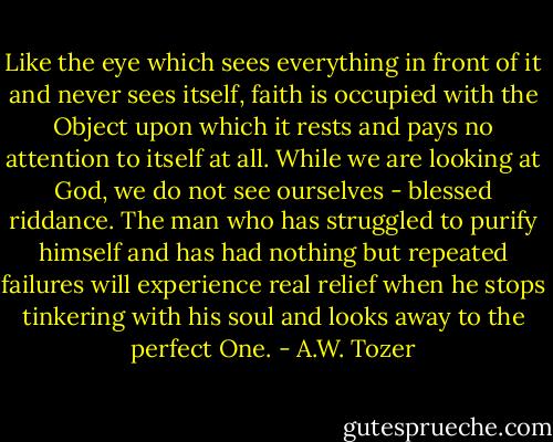 Like the eye which sees everything in front of it and never sees itself, faith is occupied with the Object upon which it rests and pays no attention to itself at all. While we are looking at God, we do not see ourselves - blessed riddance. The man who has struggled to purify himself and has had nothing but repeated failures will experience real relief when he stops tinkering with his soul and looks away to the perfect One. - A.W. Tozer