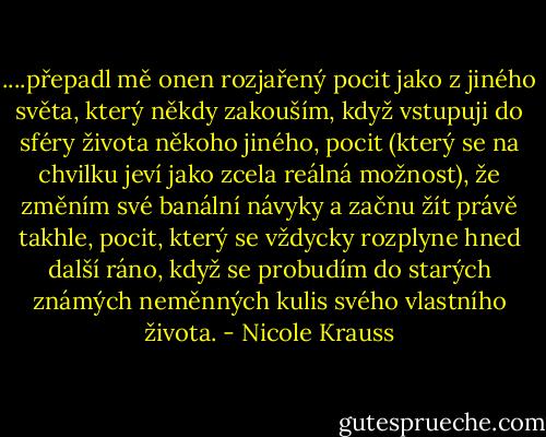 ....přepadl mě onen rozjařený pocit jako z jiného světa, který někdy zakouším, když vstupuji do sféry života někoho jiného, pocit (který se na chvilku jeví jako zcela reálná možnost), že změním své banální návyky a začnu žít právě takhle, pocit, který se vždycky rozplyne hned další ráno, když se probudím do starých známých neměnných kulis svého vlastního života. - Nicole Krauss