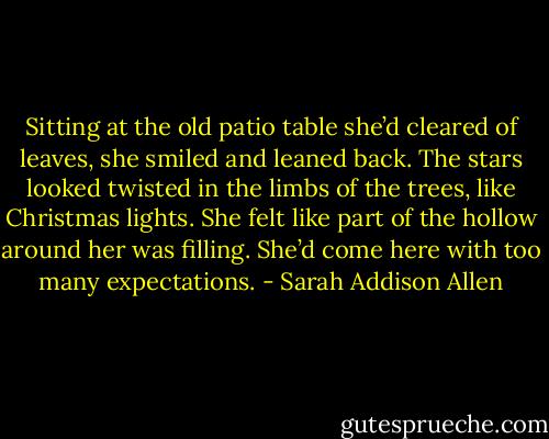 Sitting at the old patio table she’d cleared of leaves, she smiled and leaned back. The stars looked twisted in the limbs of the trees, like Christmas lights. She felt like part of the hollow around her was filling. She’d come here with too many expectations. - Sarah Addison Allen
