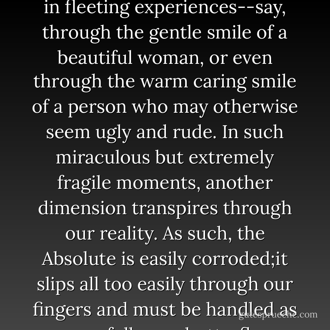 What is the Absolute? Something that appears to us in fleeting experiences--say, through the gentle smile of a beautiful woman, or even through the warm caring smile of a person who may otherwise seem ugly and rude. In such miraculous but extremely fragile moments, another dimension transpires through our reality. As such, the Absolute is easily corroded;it slips all too easily through our fingers and must be handled as carefully as a butterfly - Slavoj Žižek