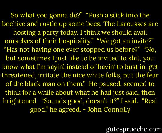 So what you gonna do?”<br /><br />“Push a stick into the beehive and rustle up some bees. The Larousses are hosting a party today. I think we should avail ourselves of their hospitality.”<br /><br />“We got an invite?”<br /><br />“Has not having one ever stopped us before?”<br /><br />“No, but sometimes I just like to be invited to shit, you know what I’m sayin’, instead of havin’ to bust in, get threatened, irritate the nice white folks, put the fear of the black man on them.”<br /><br />He paused, seemed to think for a while about what he had just said, then brightened.<br /><br />“Sounds good, doesn’t it?” I said.<br /><br />“Real good,” he agreed. - John Connolly