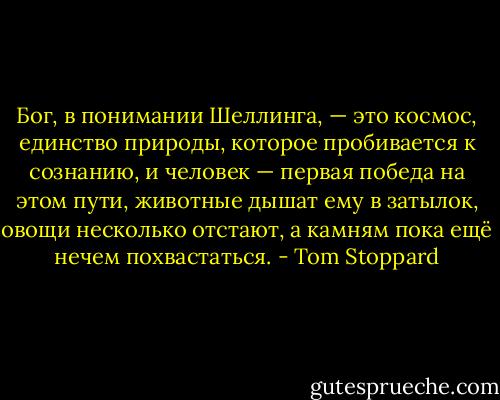 Бог, в понимании Шеллинга, — это космос, единство природы, которое пробивается к сознанию, и человек — первая победа на этом пути, животные дышат ему в затылок, овощи несколько отстают, а камням пока ещё нечем похвастаться. - Tom Stoppard