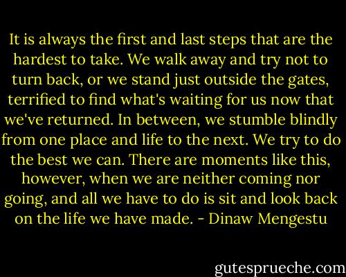 It is always the first and last steps that are the hardest to take. We walk away and try not to turn back, or we stand just outside the gates, terrified to find what's waiting for us now that we've returned. In between, we stumble blindly from one place and life to the next. We try to do the best we can. There are moments like this, however, when we are neither coming nor going, and all we have to do is sit and look back on the life we have made. - Dinaw Mengestu