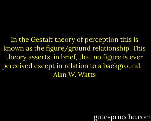 In the Gestalt theory of perception this is known as the figure/ground<br />relationship. This theory asserts, in brief, that no figure is ever perceived<br />except in relation to a background. - Alan W. Watts