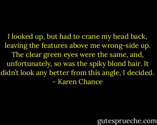 I looked up, but had to crane my head back, leaving the features above me wrong-side up. The clear green eyes were the same, and, unfortunately, so was the spiky blond hair. It didn’t look any better from this angle, I decided. - Karen Chance