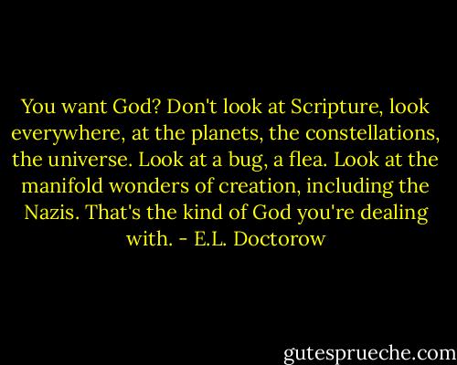You want God? Don't look at Scripture, look everywhere, at the planets, the constellations, the universe. Look at a bug, a flea. Look at the manifold wonders of creation, including the Nazis. That's the kind of God you're dealing with. - E.L. Doctorow