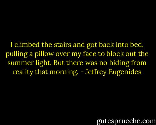 I climbed the stairs and got back into bed, pulling a pillow over my face to block out the summer light. But there was no hiding from reality that morning. - Jeffrey Eugenides