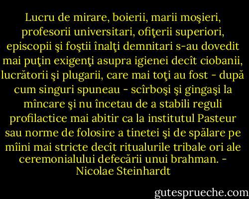 Lucru de mirare, boierii, marii moşieri, profesorii universitari, ofiţerii superiori, episcopii şi foştii înalţi demnitari s-au dovedit mai puţin exigenţi asupra igienei decît ciobanii, lucrătorii şi plugarii, care mai toţi au fost - după cum singuri spuneau - scîrboşi şi gingaşi la mîncare şi nu încetau de a stabili reguli profilactice mai abitir ca la institutul Pasteur sau norme de folosire a tinetei şi de spălare pe mîini mai stricte decît ritualurile tribale ori ale ceremonialului defecării unui brahman. - Nicolae Steinhardt