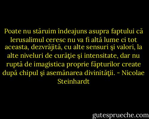 Poate nu stăruim îndeajuns asupra faptului că Ierusalimul ceresc nu va fi altă lume ci tot aceasta, dezvrăjită, cu alte sensuri şi valori, la alte niveluri de curăţie şi intensitate, dar nu ruptă de imagistica proprie făpturilor create după chipul şi asemănarea divinităţii. - Nicolae Steinhardt