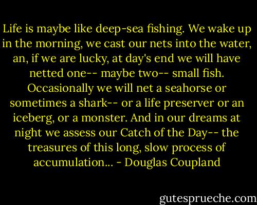 Life is maybe like deep-sea fishing. We wake up in the morning, we cast our nets into the water, an, if we are lucky, at day's end we will have netted one-- maybe two-- small fish. Occasionally we will net a seahorse or sometimes a shark-- or a life preserver or an iceberg, or a monster. And in our dreams at night we assess our Catch of the Day-- the treasures of this long, slow process of accumulation... - Douglas Coupland