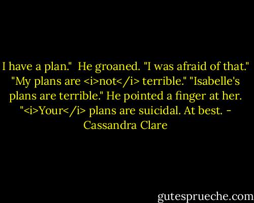 I have a plan." <br />He groaned. "I was afraid of that."<br />"My plans are <i>not</i> terrible."<br />"Isabelle's plans are terrible." He pointed a finger at her. "<i>Your</i> plans are suicidal. At best. - Cassandra Clare