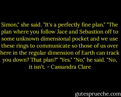Simon," she said. "It's a perfectly fine plan."<br />"The plan where you follow Jace and Sebastion off to some unknown dimensional pocket and we use these rings to communicate so those of us over here in the regular dimension of Earth can track you down? That plan?"<br />"Yes."<br />"No," he said. "No, it isn't. - Cassandra Clare