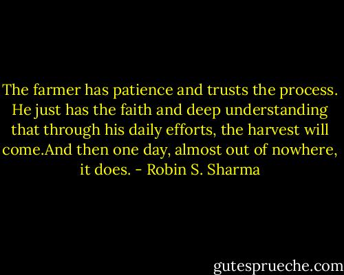 The farmer has patience and trusts the process. He just has the faith and deep understanding that through his daily efforts, the harvest will come.And then one day, almost out of nowhere, it does. - Robin S. Sharma
