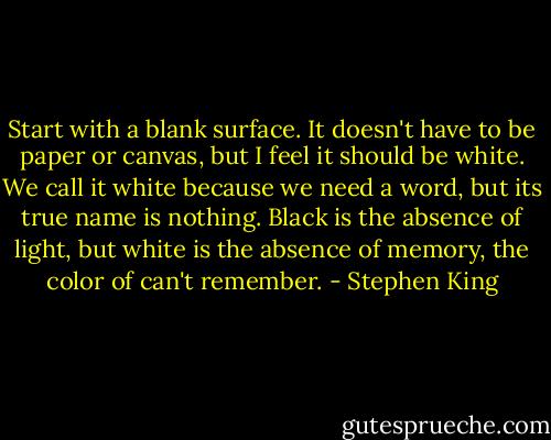 Start with a blank surface. It doesn't have to be paper or canvas, but I feel it should be white. We call it white because we need a word, but its true name is nothing. Black is the absence of light, but white is the absence of memory, the color of can't remember. - Stephen King