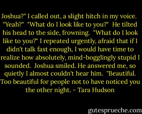 Joshua?" I called out, a slight hitch in my voice.<br /> "Yeah?"<br /> "What do I look like to you?"<br /> He tilted his head to the side, frowning.<br /> "What do I look like to you?" I repeated urgently, afraid that if I didn't talk fast enough, I would have time to realize how absolutely, mind-bogglingly stupid I sounded.<br /> Joshua smiled. He answered me, so quietly I almost couldn't hear him.<br /> "Beautiful. Too beautiful for people not to have noticed you the other night. - Tara Hudson