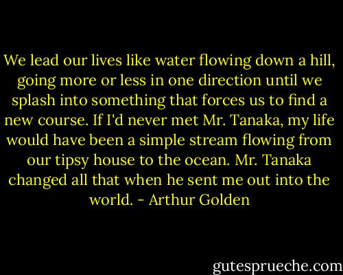 We lead our lives like water flowing down a hill, going more or less in one direction until we splash into something that forces us to find a new course. If I'd never met Mr. Tanaka, my life would have been a simple stream flowing from our tipsy house to the ocean. Mr. Tanaka changed all that when he sent me out into the world. - Arthur Golden
