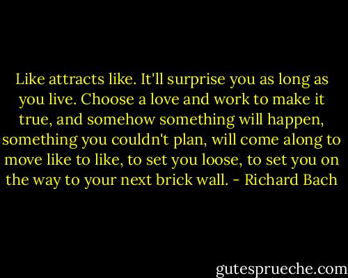 Like attracts like. It'll surprise you as long as you live. Choose a love and work to make it true, and somehow something will happen, something you couldn't plan, will come along to move like to like, to set you loose, to set you on the way to your next brick wall. - Richard Bach