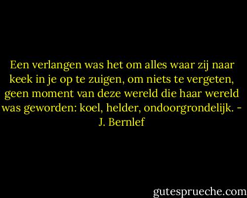 Een verlangen was het om alles waar zij naar keek in je op te zuigen, om niets te vergeten, geen moment van deze wereld die haar wereld was geworden: koel, helder, ondoorgrondelijk. - J. Bernlef