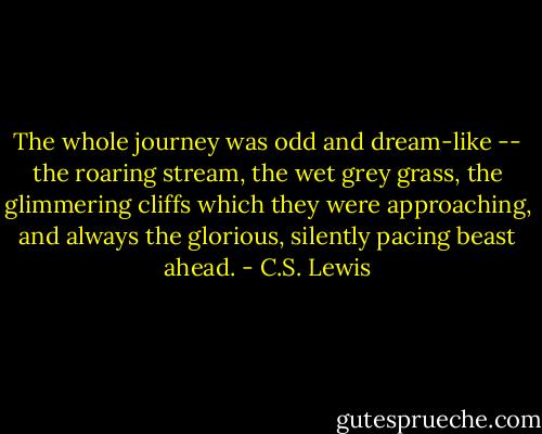 The whole journey was odd and dream-like -- the roaring stream, the wet grey grass, the glimmering cliffs which they were approaching, and always the glorious, silently pacing beast ahead. - C.S. Lewis