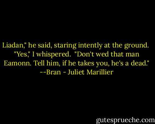Liadan," he said, staring intently at the ground.<br /><br />"Yes," I whispered.<br /><br />"Don't wed that man Eamonn. Tell him, if he takes you, he's a dead." --Bran - Juliet Marillier