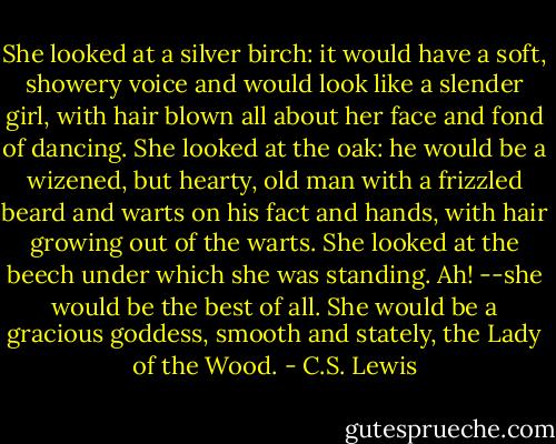 She looked at a silver birch: it would have a soft, showery voice and would look like a slender girl, with hair blown all about her face and fond of dancing. She looked at the oak: he would be a wizened, but hearty, old man with a frizzled beard and warts on his fact and hands, with hair growing out of the warts. She looked at the beech under which she was standing. Ah! --she would be the best of all. She would be a gracious goddess, smooth and stately, the Lady of the Wood. - C.S. Lewis