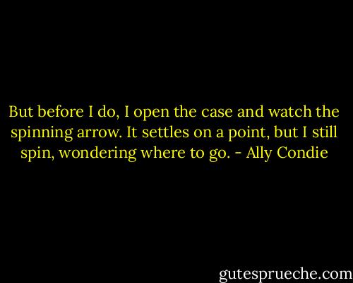 But before I do,<br />I open the case and watch the spinning arrow. It settles on a point, but I still spin, wondering where to go. - Ally Condie