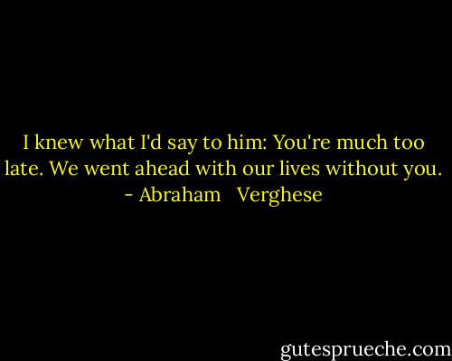 I knew what I'd say to him: You're much too late. We went ahead with our lives without you. - Abraham   Verghese