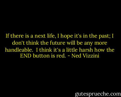 If there is a next life, I hope it's in the past; I don't think the future will be any more handleable.<br /><br />I think it's a little harsh how the END button is red. - Ned Vizzini