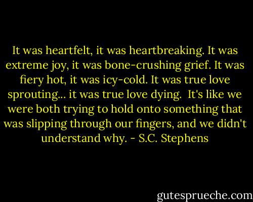 It was heartfelt, it was heartbreaking. It was extreme joy, it was bone-crushing grief. It was fiery hot, it was icy-cold. It was true love sprouting... it was true love dying.<br /><br />It's like we were both trying to hold onto something that was slipping through our fingers, and we didn't understand why. - S.C. Stephens