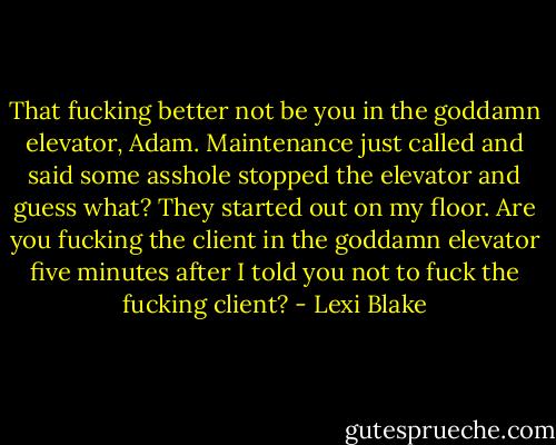That fucking better not be you in the goddamn elevator, Adam. Maintenance just called and said some asshole stopped the elevator and guess what? They started out on my floor. Are you fucking the client in the goddamn elevator five minutes after I told you not to fuck the fucking client? - Lexi Blake