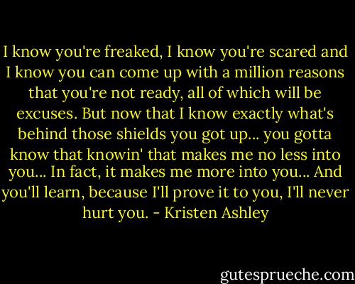 I know you're freaked, I know you're scared and I know you can come up with a million reasons that you're not ready, all of which will be excuses. But now that I know exactly what's behind those shields you got up... you gotta know that knowin' that makes me no less into you... In fact, it makes me more into you... And you'll learn, because I'll prove it to you, I'll never hurt you. - Kristen Ashley