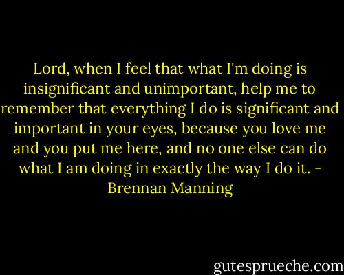 Lord, when I feel that what I'm doing is insignificant and unimportant, help me to remember that everything I do is significant and important in your eyes, because you love me and you put me here, and no one else can do what I am doing in exactly the way I do it. - Brennan Manning