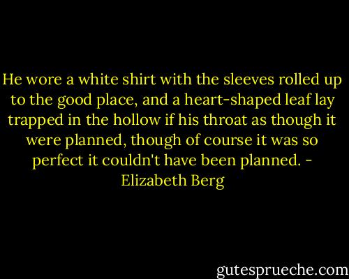 He wore a white shirt with the sleeves rolled up to the good place, and a heart-shaped leaf lay trapped in the hollow if his throat as though it were planned, though of course it was so perfect it couldn't have been planned. - Elizabeth Berg