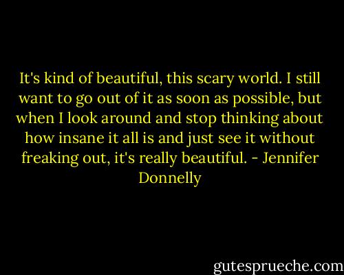 It's kind of beautiful, this scary world. I still want to go out of it as soon as possible, but when I look around and stop thinking about how insane it all is and just see it without freaking out, it's really beautiful. - Jennifer Donnelly