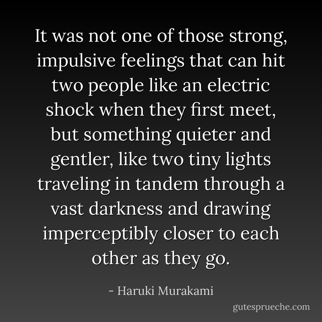 It was not one of those strong, impulsive feelings that can hit two people like an electric shock when they first meet, but something quieter and gentler, like two tiny lights traveling in tandem through a vast darkness and drawing imperceptibly closer to each other as they go. - Haruki Murakami