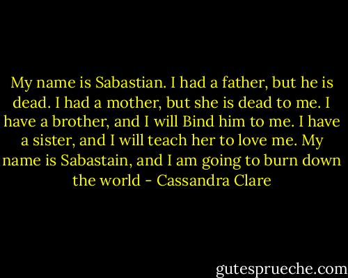 My name is Sabastian. I had a father, but he is dead. I had a mother, but she is dead to me. I have a brother, and I will Bind him to me. I have a sister, and I will teach her to love me. My name is Sabastain, and I am going to burn down the world - Cassandra Clare
