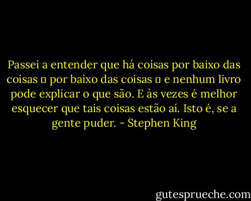 Passei a entender que há coisas por baixo das coisas ― por baixo das coisas ― e nenhum livro pode explicar o que são.<br />E às vezes é melhor esquecer que tais coisas estão aí. Isto é, se a gente puder. - Stephen King