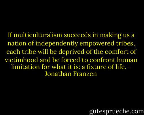 If multiculturalism succeeds in making us a nation of independently empowered tribes, each tribe will be deprived of the comfort of victimhood and be forced to confront human limitation for what it is: a fixture of life. - Jonathan Franzen