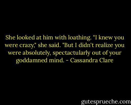 She looked at him with loathing. "I knew you were crazy," she said. "But I didn't realize you were absolutely, spectactularly out of your goddamned mind. - Cassandra Clare