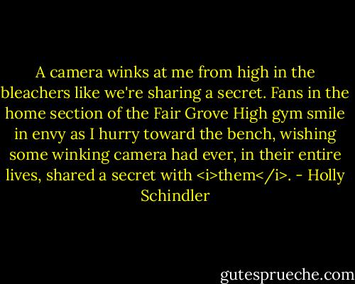A camera winks at me from high in the bleachers like we're sharing a secret. Fans in the home section of the Fair Grove High gym smile in envy as I hurry toward the bench, wishing some winking camera had ever, in their entire lives, shared a secret with <i>them</i>. - Holly Schindler