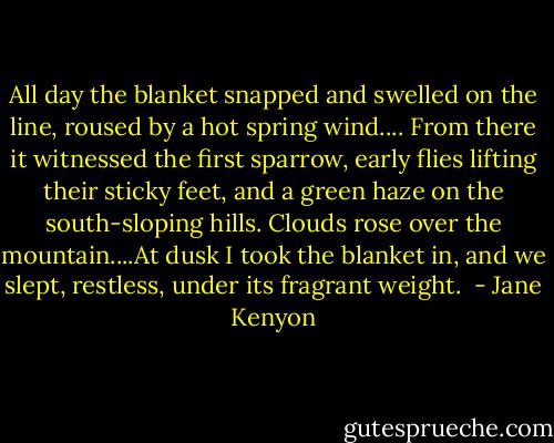 All day the blanket snapped and swelled<br />on the line, roused by a hot spring wind....<br />From there it witnessed the first sparrow,<br />early flies lifting their sticky feet,<br />and a green haze on the south-sloping hills.<br />Clouds rose over the mountain....At dusk<br />I took the blanket in, and we slept,<br />restless, under its fragrant weight.  - Jane Kenyon