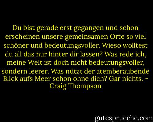 Du bist gerade erst gegangen und schon erscheinen unsere gemeinsamen Orte so viel schöner und bedeutungsvoller. Wieso wolltest du all das nur hinter dir lassen? Was rede ich, meine Welt ist doch nicht bedeutungsvoller, sondern leerer. Was nützt der atemberaubende Blick aufs Meer schon ohne dich? Gar nichts. - Craig Thompson