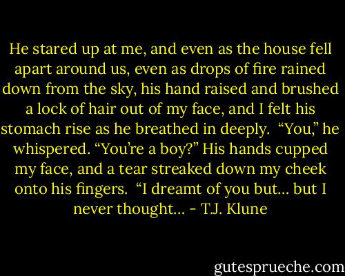 He stared up at me, and even as the house fell apart around us, even as drops of fire rained down from the sky, his hand raised and brushed a lock of hair out of my face, and I felt his stomach rise as he breathed in deeply.<br /><br />“You,” he whispered. “You’re a boy?” His hands cupped my face, and a tear streaked down my cheek onto his fingers. <br />“I dreamt of you but… but I never thought… - T.J. Klune