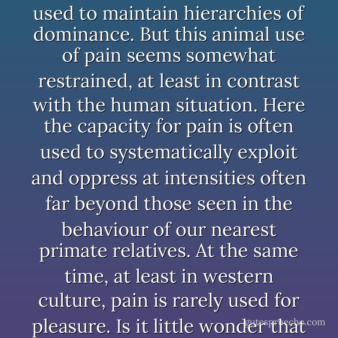 In the world of animals, pain serves an equivocal role. Parental nips and swipes are common tools in upbringing. And socially, pain is sometimes used to maintain hierarchies of dominance. But this animal use of pain seems somewhat restrained, at least in contrast with the human situation. Here the capacity for pain is often used to systematically exploit and oppress at intensities often far beyond those seen in the behaviour of our nearest primate relatives. At the same time, at least in western culture, pain is rarely used for pleasure. Is it little wonder that all pain is viewed as intrinsically evil? Or that the pain-pleasure of leatherspace has been labelled torture? - Geoff Mains