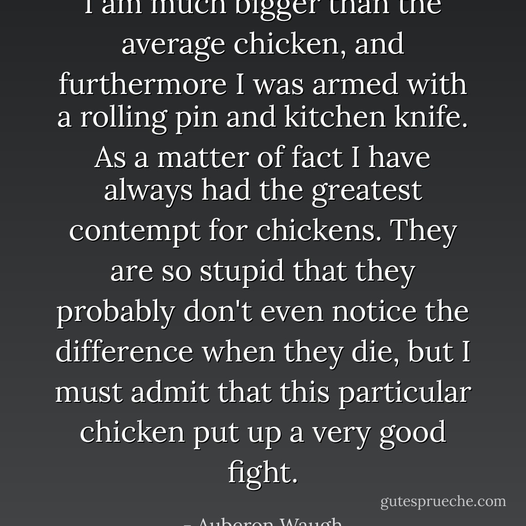 I am much bigger than the average chicken, and furthermore I was armed with a rolling pin and kitchen knife. As a matter of fact I have always had the greatest contempt for chickens. They are so stupid that they probably don't even notice the difference when they die, but I must admit that this particular chicken put up a very good fight. - Auberon Waugh