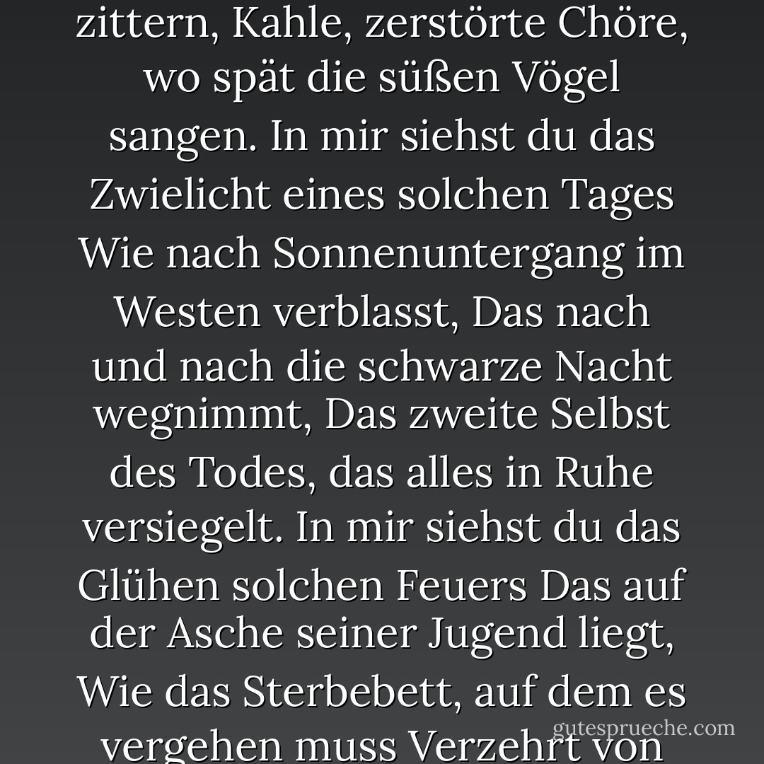 Die Zeit des Jahres magst du in mir erblicken<br />Wenn gelbe Blätter, oder keine, oder wenige,<br />An den Zweigen hängen, die gegen die Kälte zittern,<br />Kahle, zerstörte Chöre, wo spät die süßen Vögel sangen.<br />In mir siehst du das Zwielicht eines solchen Tages<br />Wie nach Sonnenuntergang im Westen verblasst,<br />Das nach und nach die schwarze Nacht wegnimmt,<br />Das zweite Selbst des Todes, das alles in Ruhe versiegelt.<br />In mir siehst du das Glühen solchen Feuers<br />Das auf der Asche seiner Jugend liegt,<br />Wie das Sterbebett, auf dem es vergehen muss<br />Verzehrt von dem, was es nährte.<br />Das erkennst du, was deine Liebe stärker macht,<br />Das zu lieben, was du bald verlassen musst. - William Shakespeare<